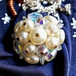 Repurposed Hand Crafted Vintage Pearl Earring Adjustable Ring